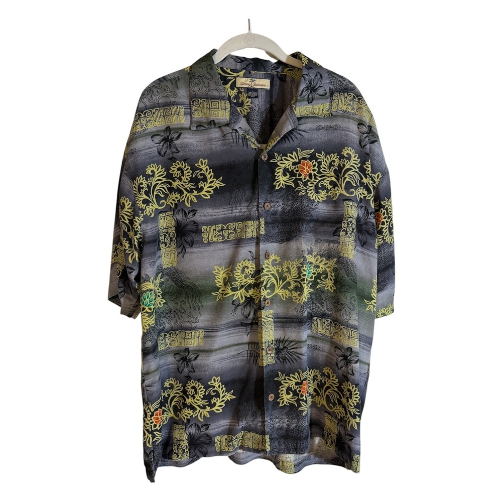 Tommy Bahama Silk Dragon Floral Button Up Shirt Mens L Grey Hawaiian Aloha
